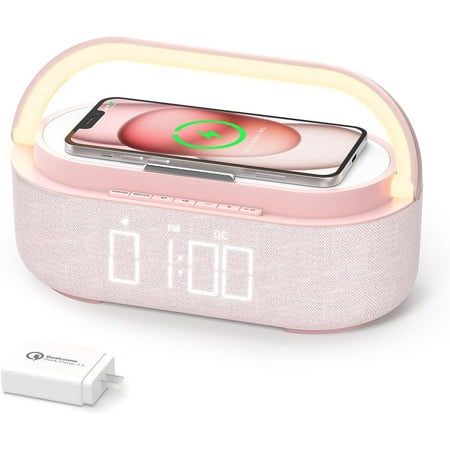 GGSW Bluetooth Speaker Alarm Clock with Wireless Charger, FM Radio, Adjustable LED Night Light, 6 in 1 Bedroom Portable Speaker 2500mAh, Phone Stand for Bedside, Home, Office, Gift (Pink)