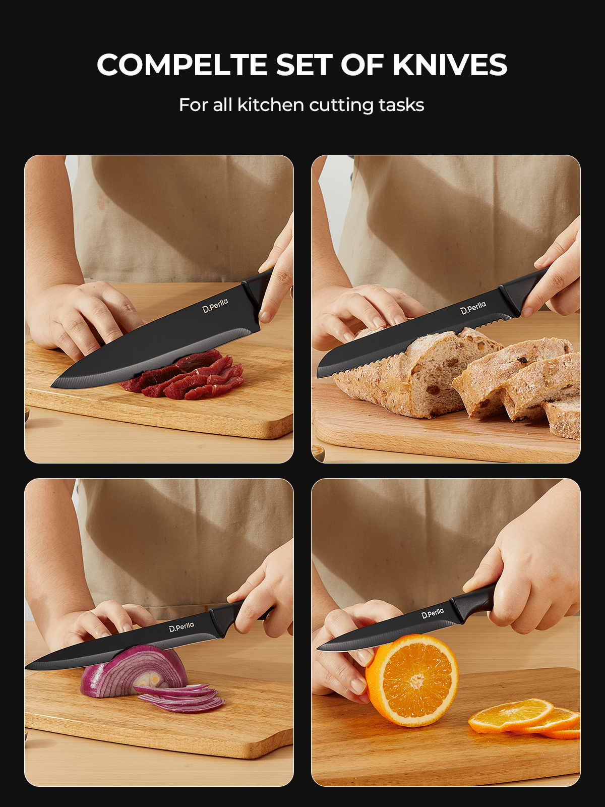 D.Perlla Kitchen Knife Set, 15 Pieces High Carbon Stainless Steel Knife Block Set with Anti-Rust & Non-stick Coating, Dishwasher Safe