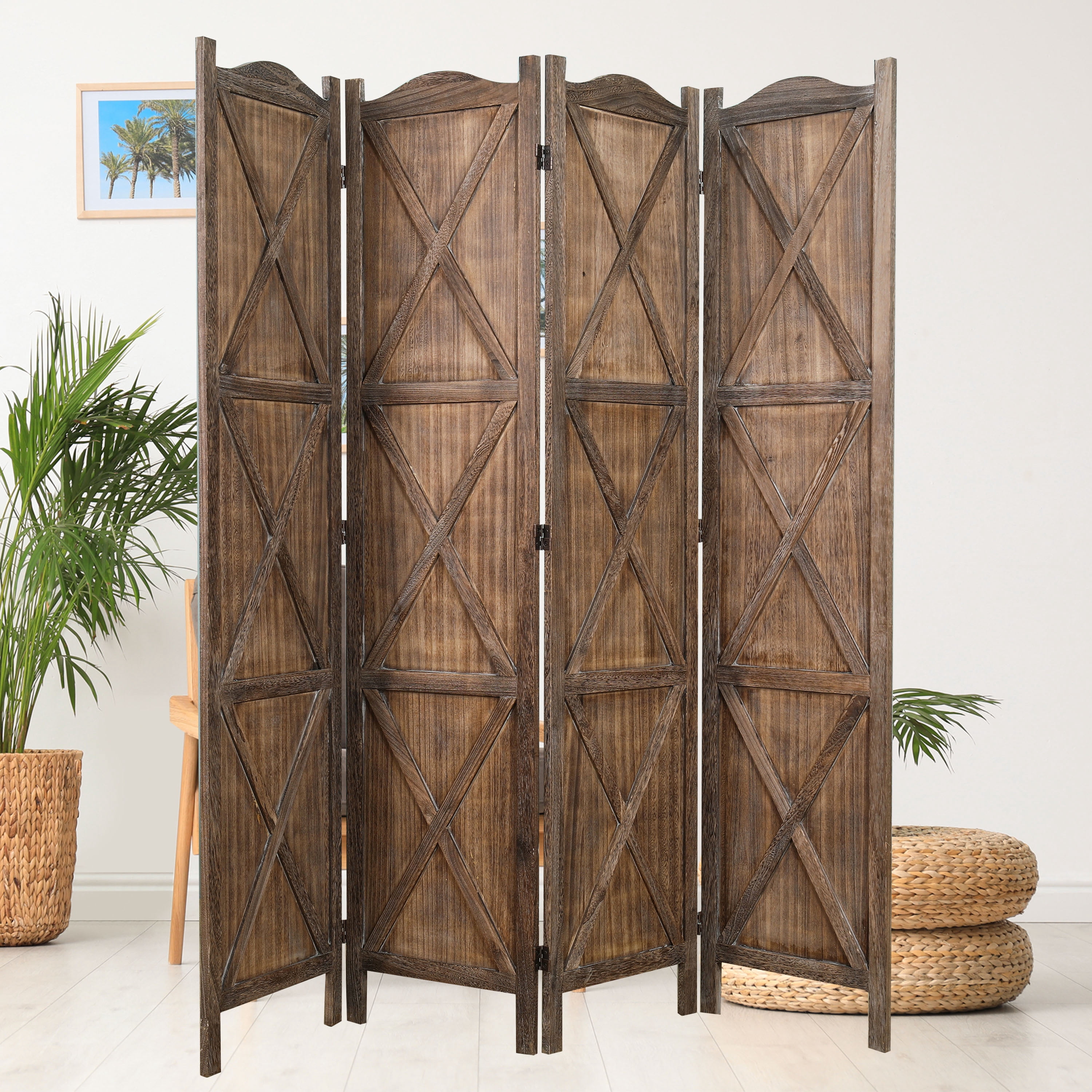 Proman Products Rancho Barn 4 Panel Room Divider FS17192, Folding Screen, Privacy Screen, Room Partition, Paulownia Wood, (Max Extend) 61" W x 0.75" D x 67" H, Rustic Brown