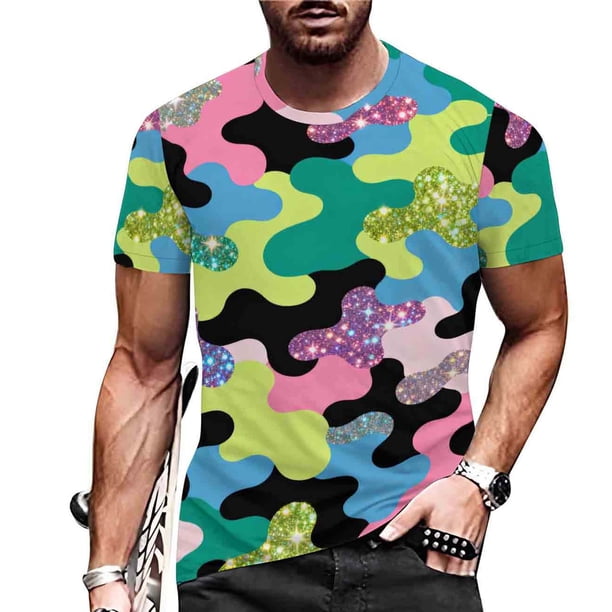 Tops para hombre, blusas y camisas de cuello redondo y manga corta para hombre, blusas y camisas casuales deportivas con estampado de camuflaje divertido para hombre y mujer, blusas vintage de manga c