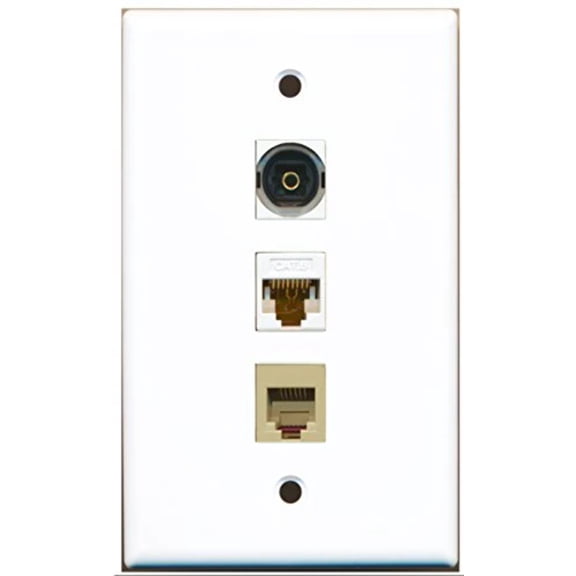 RiteAV - 1 Port Phone RJ11 RJ12 Beige and 1 Port Toslink and 1 Port Cat6 Ethernet White Wall Plate