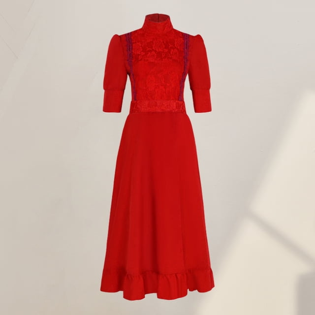 Vestido de Cosplay de perlas con cuello levantado vestido rojo de manga corta para mujer traje diario