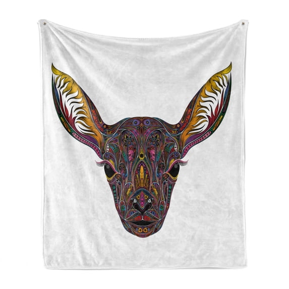 Animals Soft Flannel Fleece Throw Blanket, Colorful Illustration Along Traditional Ethnic Abstract Ornaments on Deer Head, Cozy Plush for Indoor and Outdoor Use, 70" x 90", Multicolor, by Ambesonne