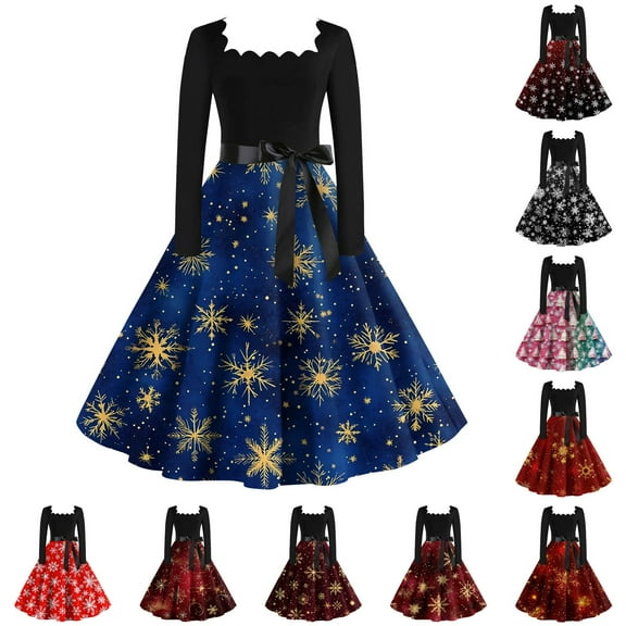 Christmas Dresses for Women Women's Casual Fashion Long Sleeve Christmas Graphic Printed Vintage Long Dresses with Square Neck for Holiday Party,Black,L
