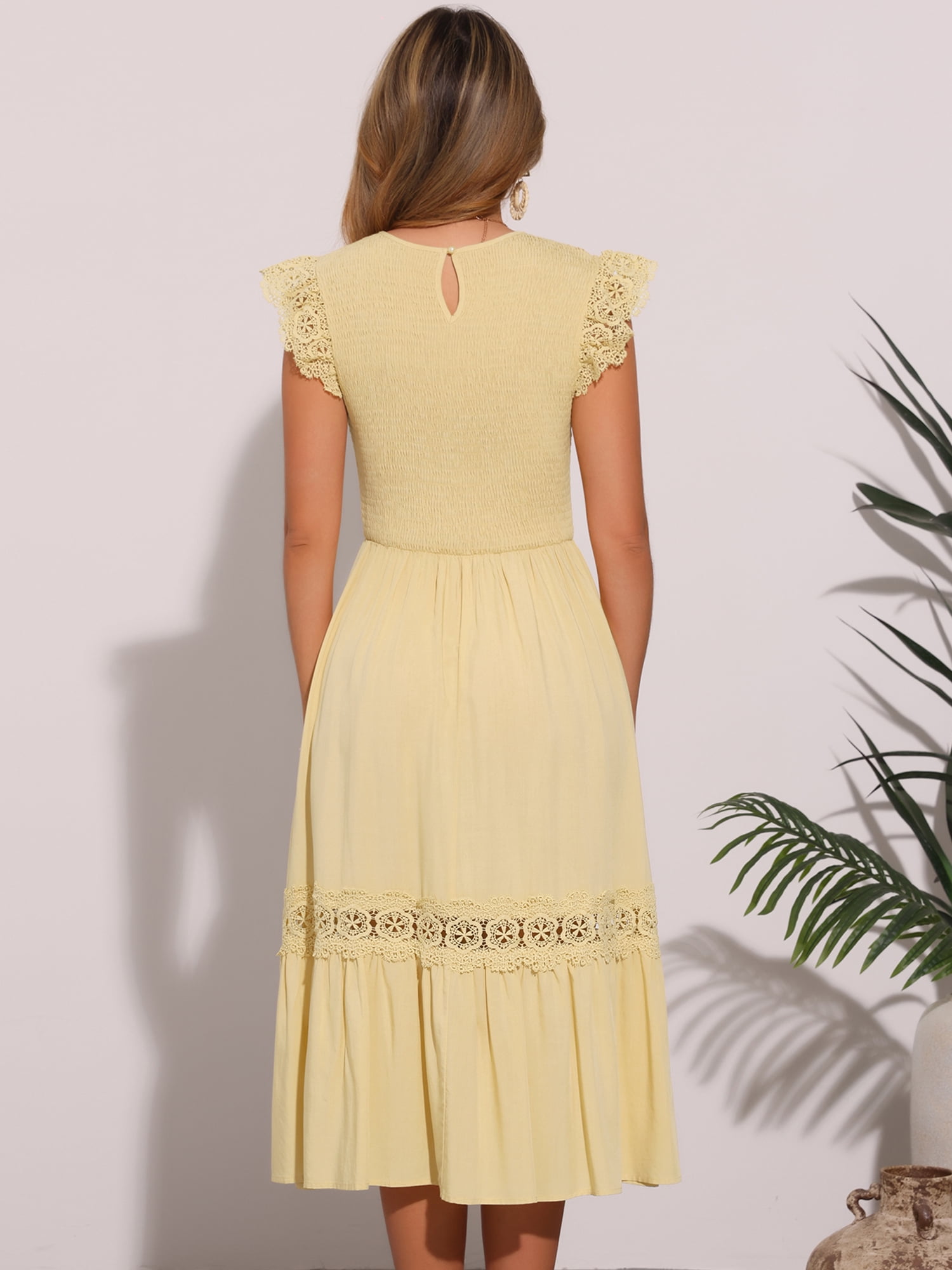 DARING DIVA Boho Midi Flutter Sleeve Lace Trim Ruffle Beach Dress L Yellow