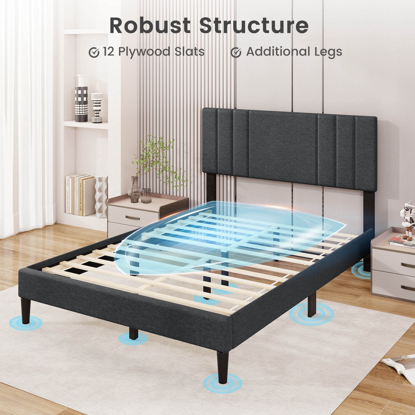 Infans Full Size Bed Frame with Vertical Channel Tufted Headboard & Wooden Slats