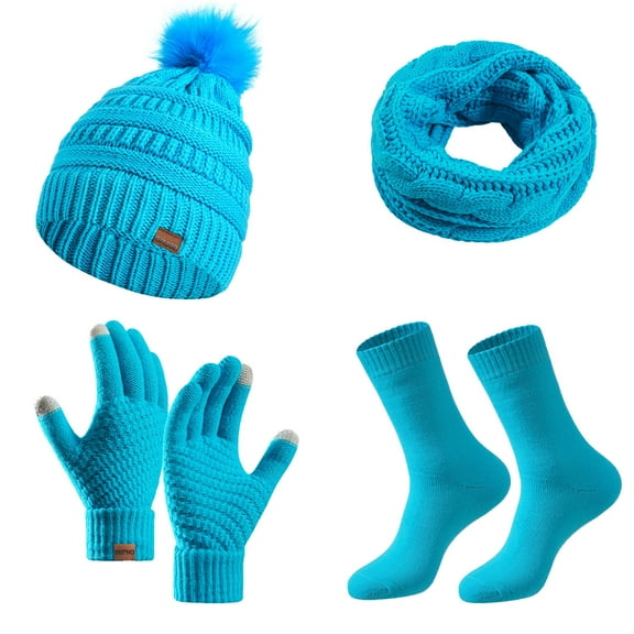 AHTJRT Women's Beanie Hat Scarves Gloves Socks Set Cable Knit Neck Warmer Mittens Skullcaps Set Winter Outdoor Sports 4 Pieces Set Sky Blue Free Size