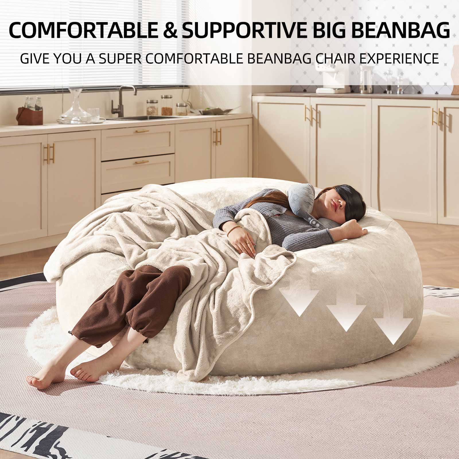 Bean Bag Chair 6FT,  Large Memory Foam Filled Chair for Adults and Teens, Soft Sofa with Removable Flannel Cover, Round Couch for Living Room Bedroom College Dorm