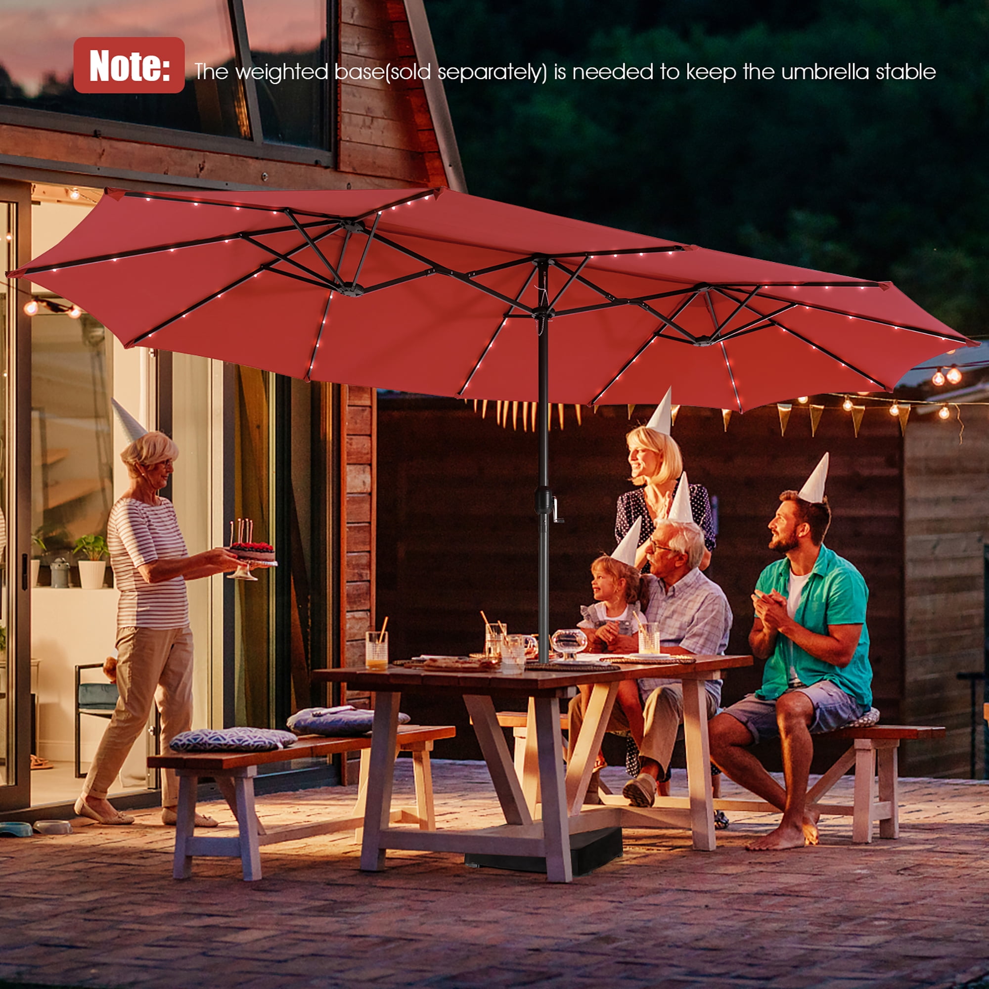 Gymax 15Ft Solar LED Patio Outdoor Double-Sided Umbrella w/ 48 Lights Crank Burgundy