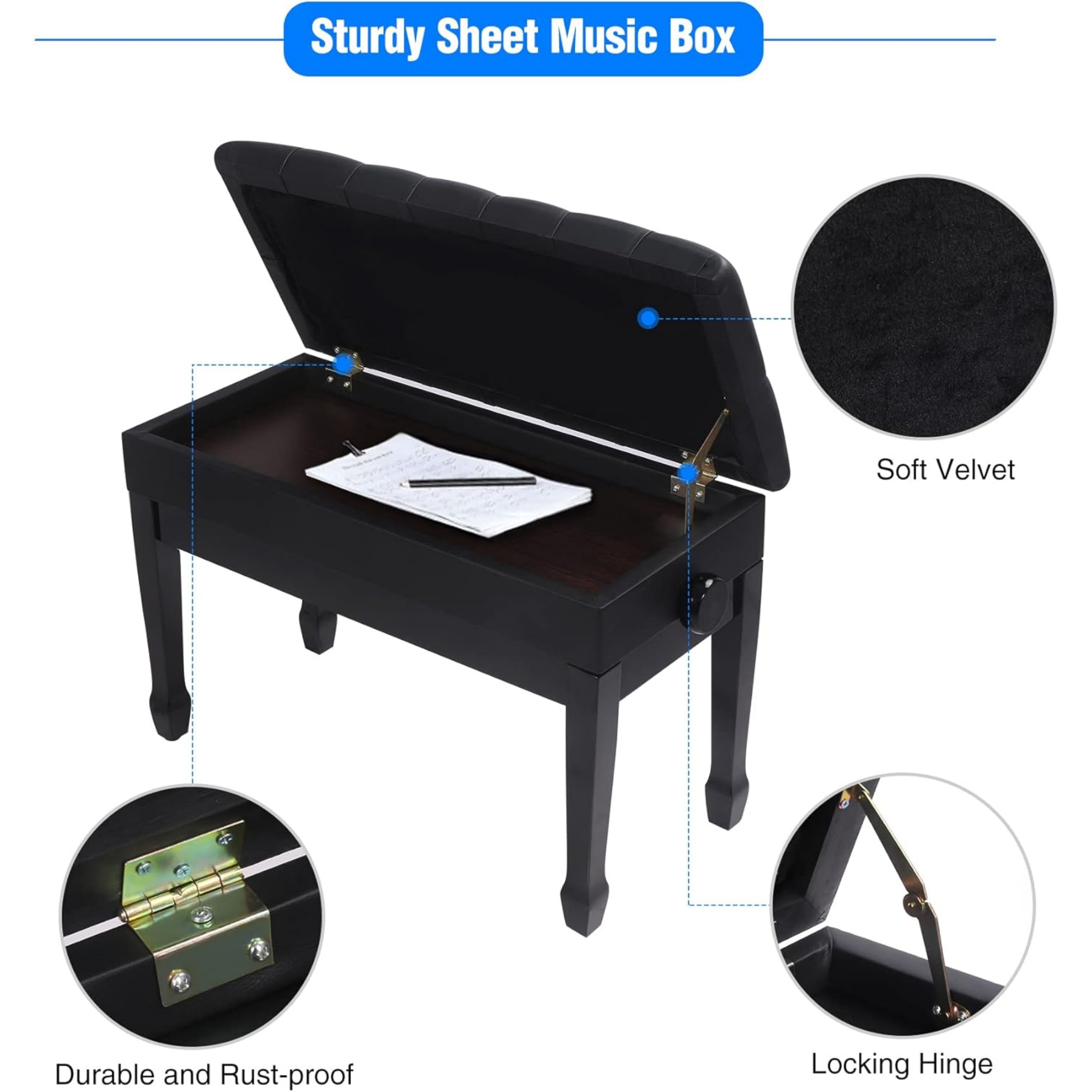 REDCAMP Adjustable Duet Piano Bench with Storage,Heavy Duty Wooden Double Keyboard Piano Bench Seat with PU Leather Cushion,Black