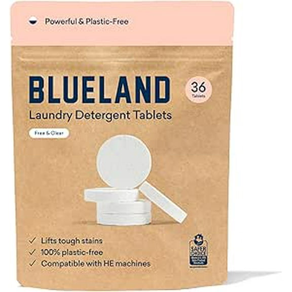 BLUELAND Laundry Detergent Tablets 36 Count, Plastic-Free Alternative to Pods, Sheets, or Liquid - Natural, Sustainable, Eco-Friendly Laundry Detergent in Compostable Pouch
