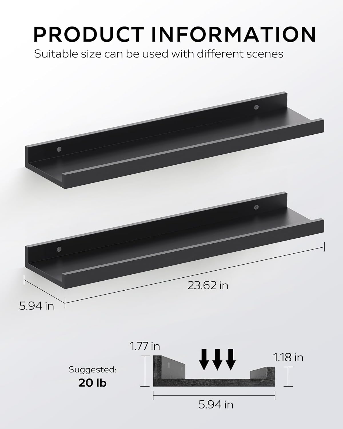 MIRROTOWEL 24” Floating Shelves for Wall Décor Storage, Set of 2, Wood for Bedroom, Living Room, Bathroom, Kitchen, Picture Ledge and Farmhouse (Black）