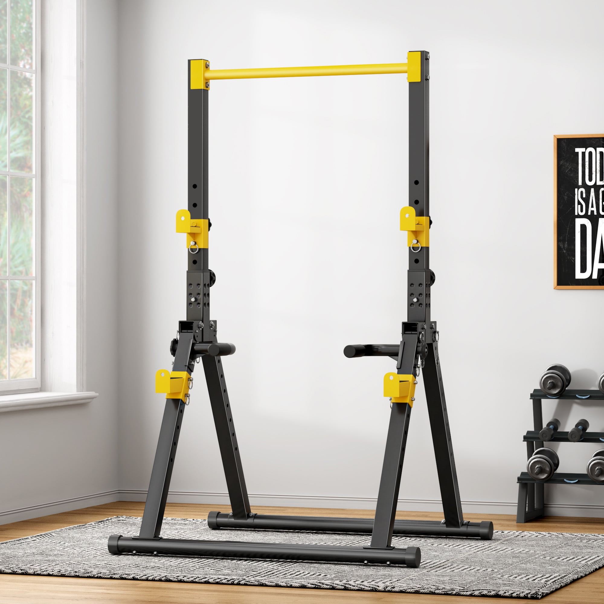 Multifunction Foldable Triangular Structure Pull Up Station , Free Standing Power Tower Pull Up Bar Dip Station Adjustable Height Strength Training Workout Equipment, Support 500lbs, Black + Yellow