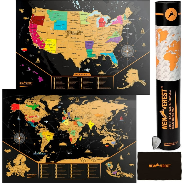 Newverest Scratch Off USA and World Map - Bundle 2-in-1 Trek Scratchers -  Gift Set Detailed Scratch off Maps, World Travel Art Poster, Fits 17 x 24