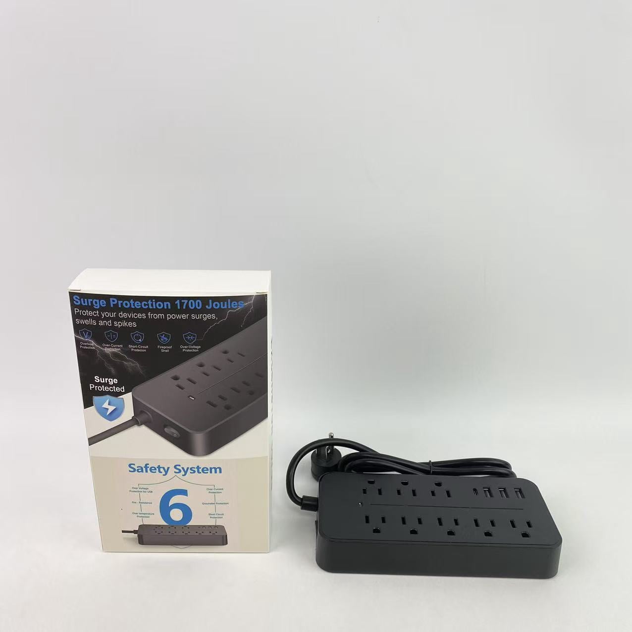 AcroQuick Extension cords, Black Surge Protector with Outlets - Spacious Design for Large Plugs, Flat Plug, 20W USB C Charging for Home, Office