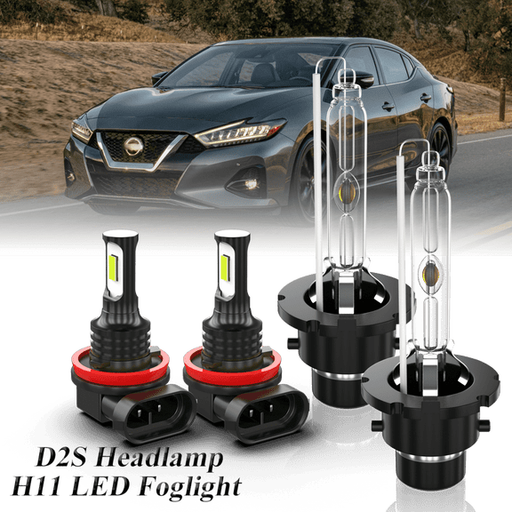 Fit for Nissan Maxima 2007-2015 – D2S Xenon Headlight H11/H9/H8 LED Foglights Bulbs Combo 4 Pack, 6000K Diamond White 3800LM Super Bright, Auto Headlamp Upgrade Set