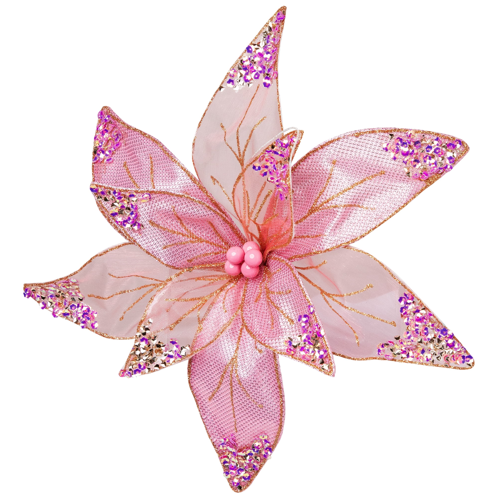 Glitter and Sequin Poinsettia Clip-on Christmas Ornament - 11.5" - Pink and Gold