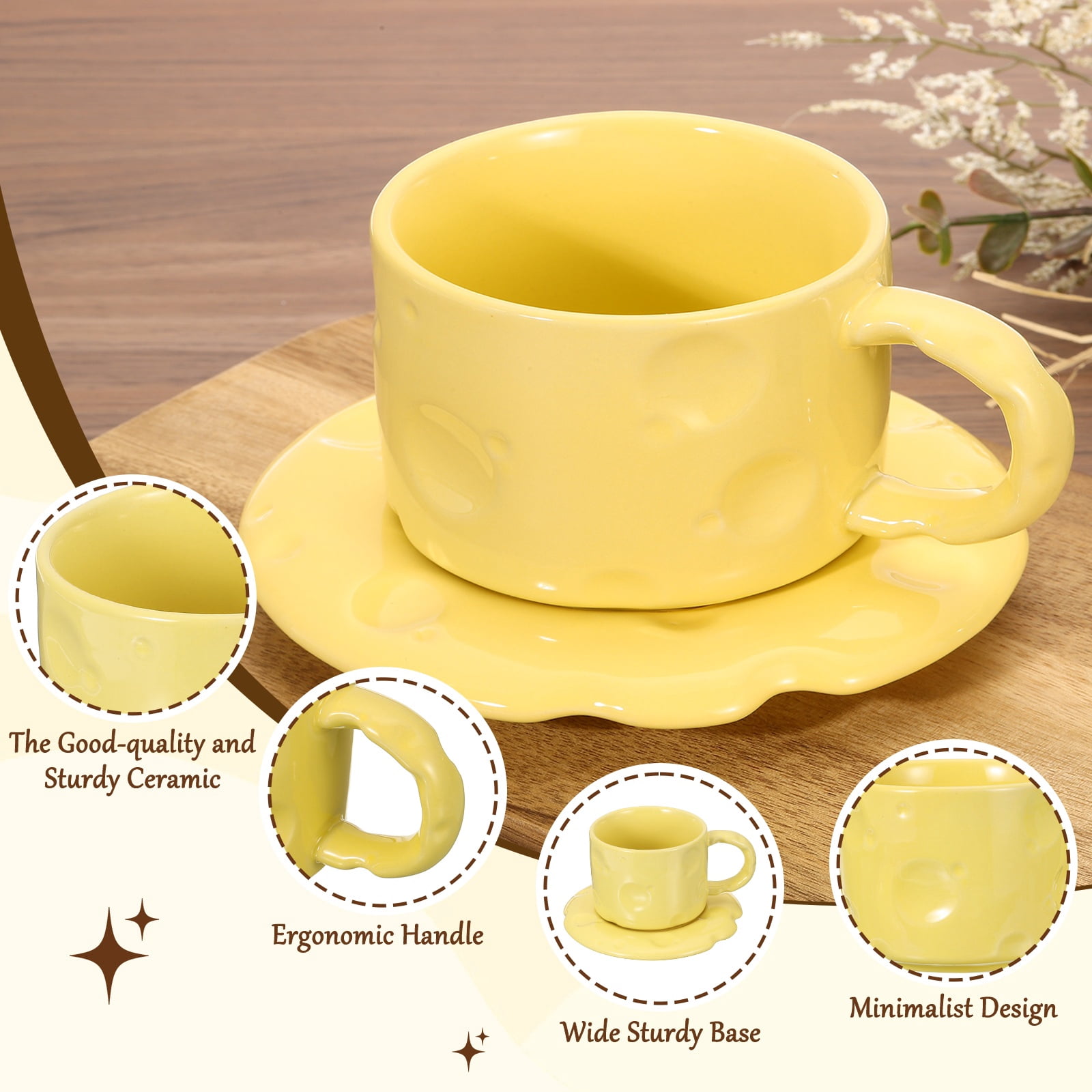 Uxcell 10oz Ceramic Coffee Mugs with Saucer Set, Creative Cute Cup with Handle Unique Irregular Design for Lovers Gift Tea Espresso Latte Kitchen Cafe, Dishwasher Yellow