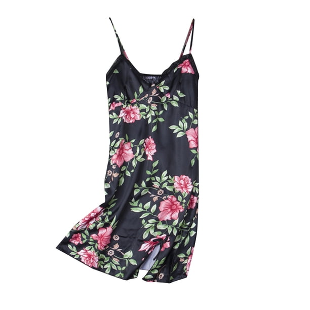 Lencería de mujer Satén de seda Estampado floral con cordones Tentación Babydoll Ropa interior Ropa de dormir Camisola Camisón Fridja nalpqowj42648