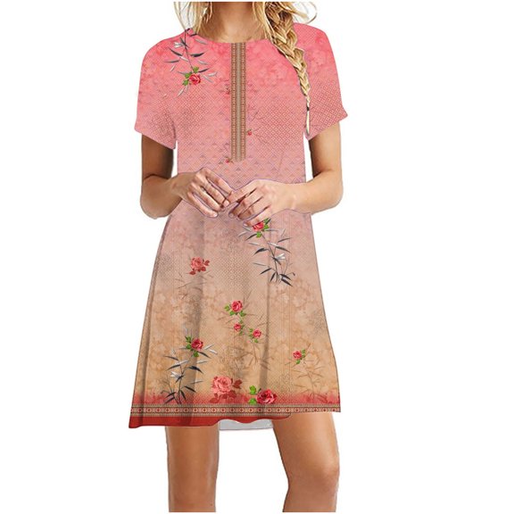 Cyber&Monday Deals Dyegold Sundresses for Women Casual Beach - Vacation Dresses for Women Round Neck Short Sleeve Vintage Floral Print Tshirt Midi Sun Dress Loose Fit A-Line Dress