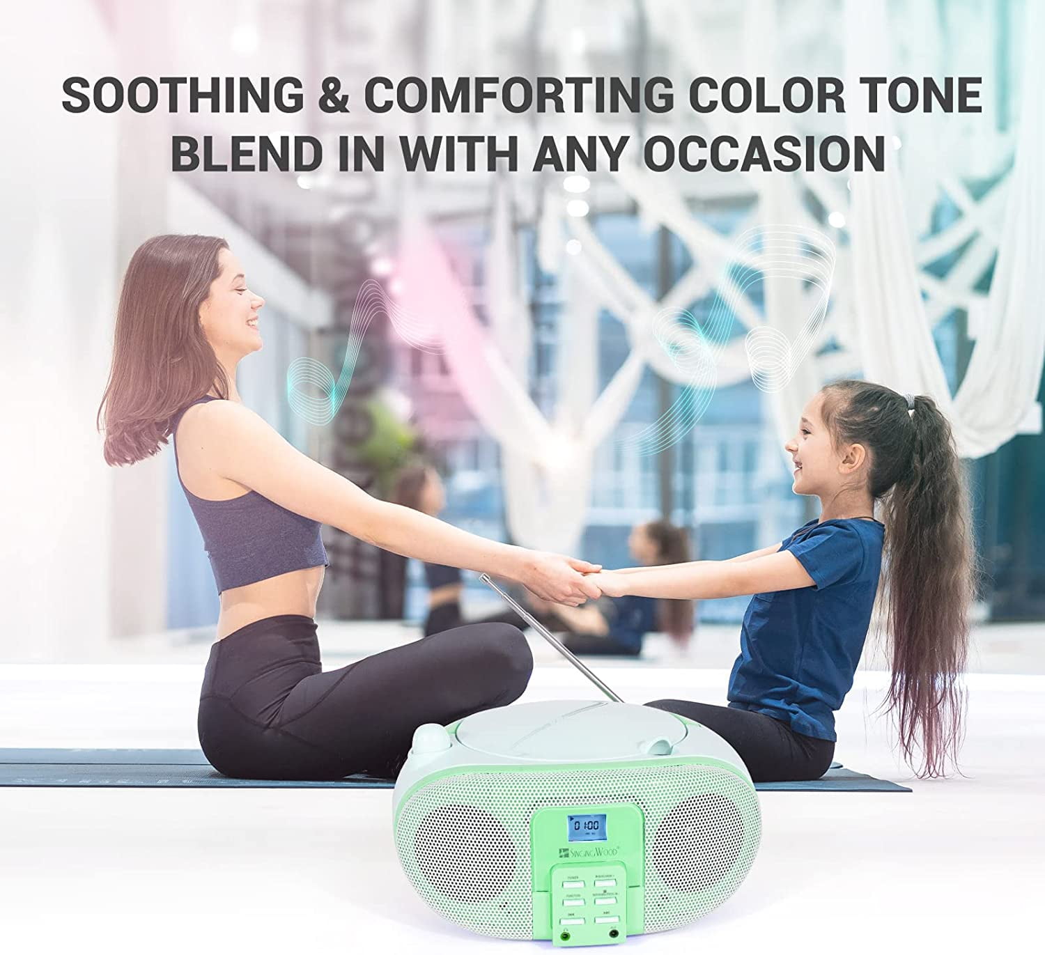 SingingWood GC01 Macarons Series Portable CD Player Boombox with AM FM Stereo Radio Kids CD Player LCD Display, Front Aux-in Port Headphone Jack, Supported AC or Battery Powered -Pistachio