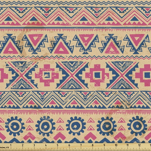 Geometric Fabric by the Yard, Vintage Style Ethnic Print of Triangles Circles Zigzags, Upholstery Fabric for Dining Chairs Home Decor Accents, Pink Pastel Brown by Ambesonne