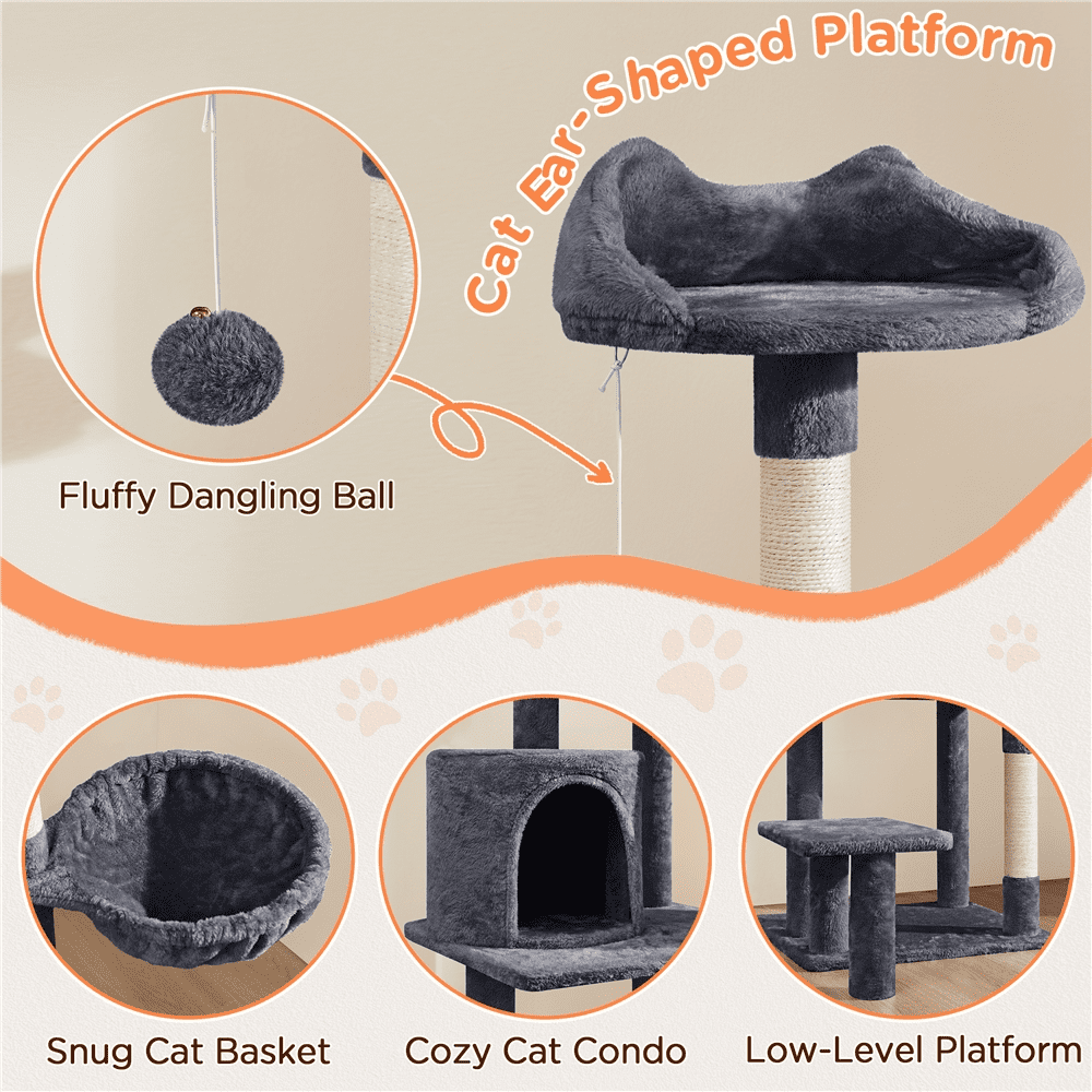Alden Design 57″ Tall Multi Level Cat Tree with Basket & Condo & Scratching Post, Dark Gray
