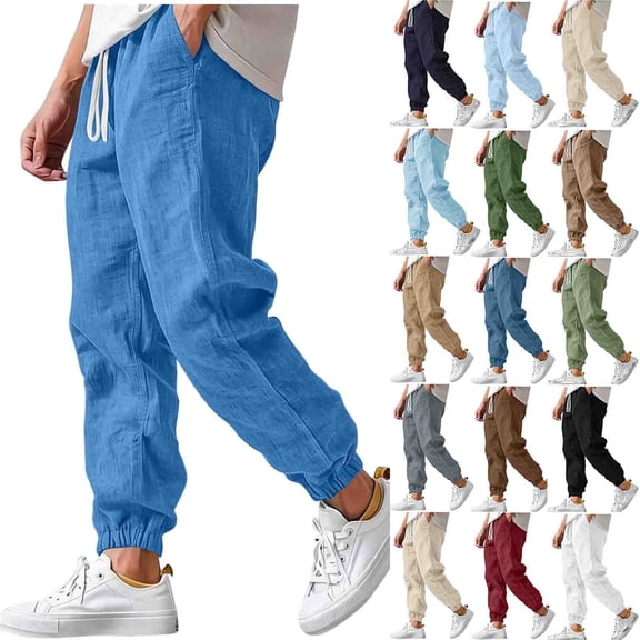 HomeDM Mens Pants with Pockets Drawstring Elastic Waist Cotton Linen Blue Workout Gym Tapered Joggers Size L