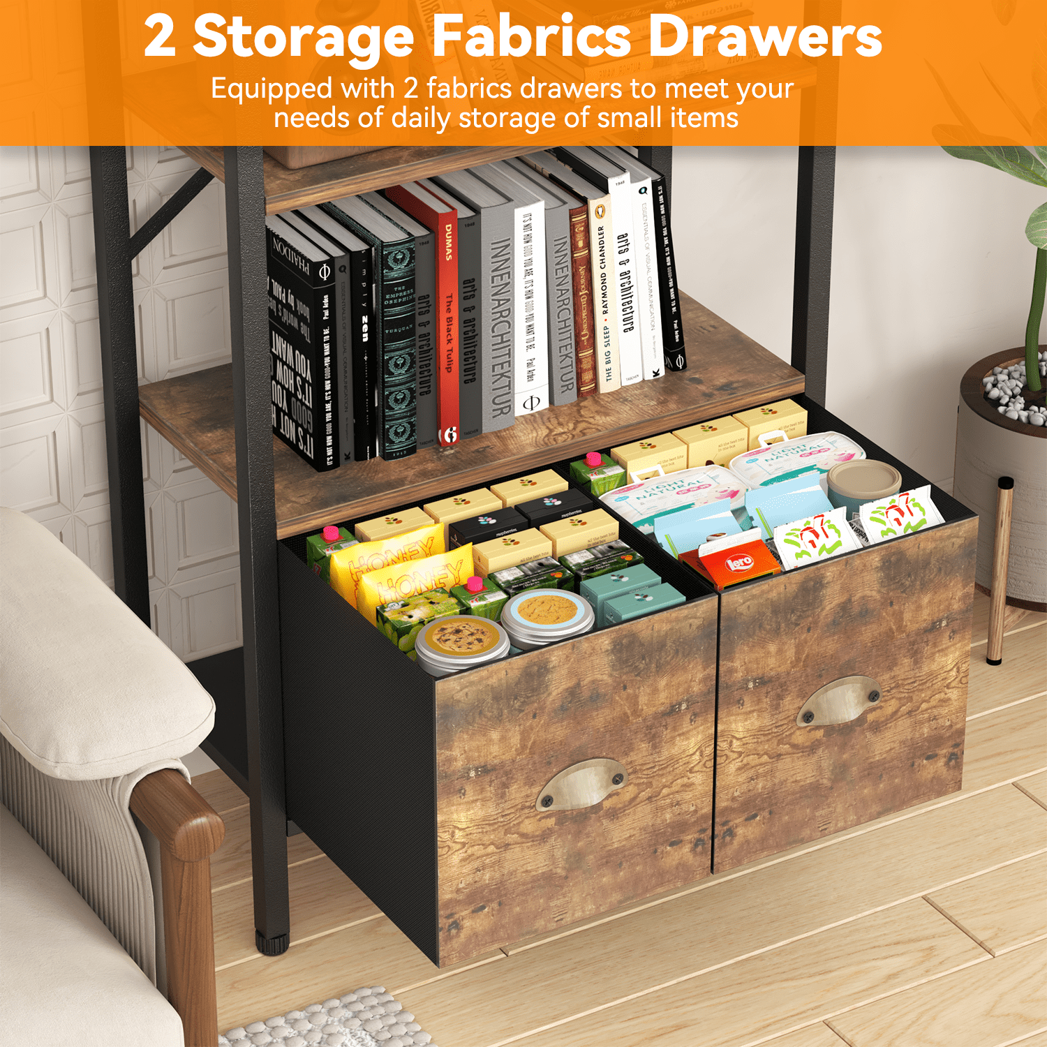 BEHOST 6-Tier Storage Rack Bookshelf with 2 Fabric Drawers, Tall Metal Frame bookcase for living room and Office, Rustic Brown