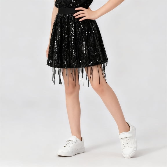 BLTIBY Girls Sequin Tassel Skirt Belly Dance Hip Scarf Party Trendy Lightweight Wrap Fringe Sparkly Glitter Costume Outfits Black 9-10 Years