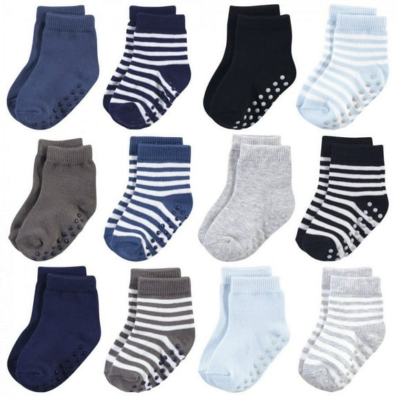 Touched by Nature Baby and Toddler Boy Organic Cotton Socks with Non-Skid Gripper for Fall Resistance, Blue, 6-12 Months