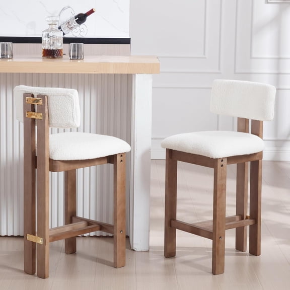 26 inch Farmhouse Bar Stools Set of 2 Sherpa Upholstered Kitchen Stool Wood Legs Boho Pub Stool with Back Modern Counter Height Bar Chairs Kitchen Island Barstools, White