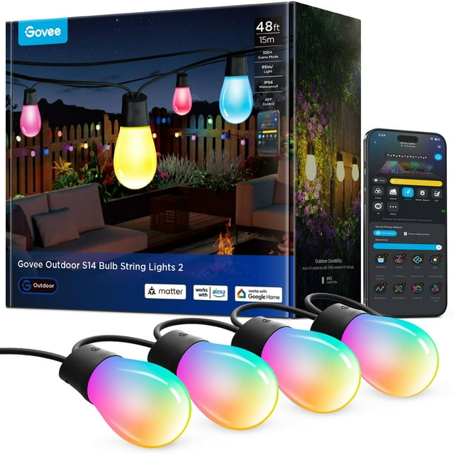 Guirnalda de luces para exteriores, bombilla Govee S14, 48 pies, Smart RGBIC