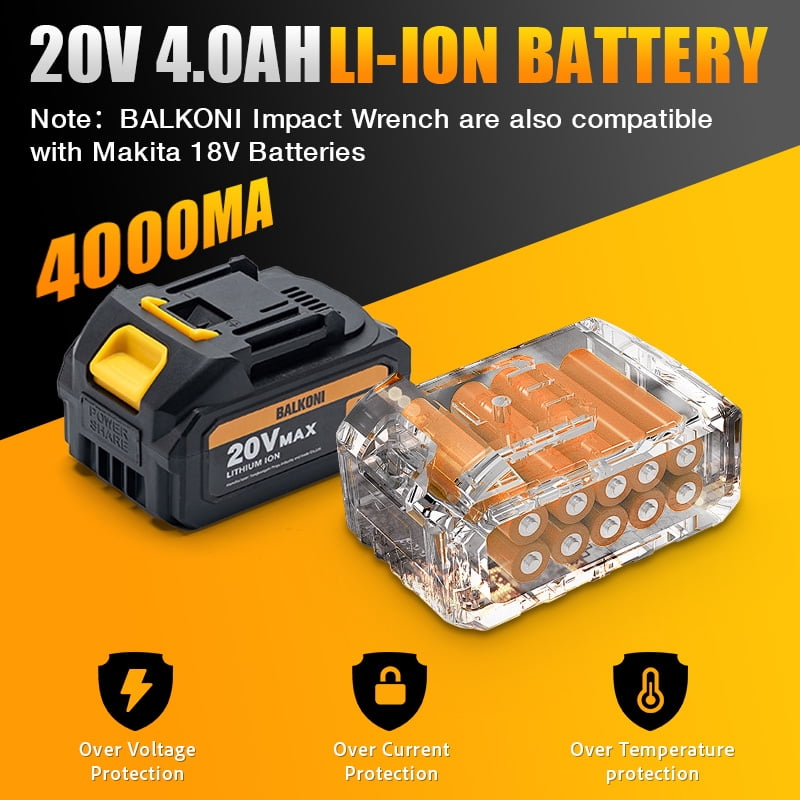 Cordless 1/2 Inch Brushless Impact Wrench,400 N.m,4Ah Battery, Charger & 7 Sockets