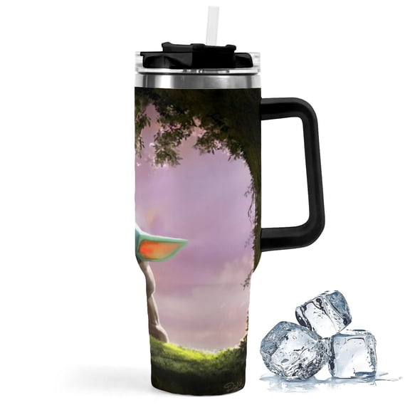 Yoda Baby-theme Insulated Stainless Steel Tumbler with Handle Gifts For Family Friends Fans and Straw Fits in Standard Cup Holder 40 OZ