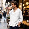 thumbnail image 5 of Men Linen Shirts Summer 3/4 Sleeve Tops Plus Size V Neck Gauze Blouses Dressy Casual Loose Clothes,White,XL, 5 of 8