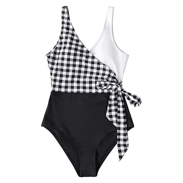 Traje de baño de una pieza para mujer Traje de baño cruzado con bloque de color y lazo lateral