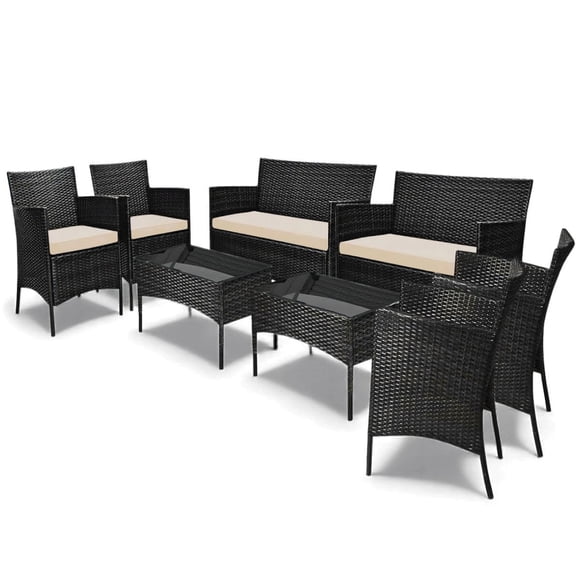 Sala de Jardin Exterior Juego 8 Piezas Tipo Rattan + Cojines negro