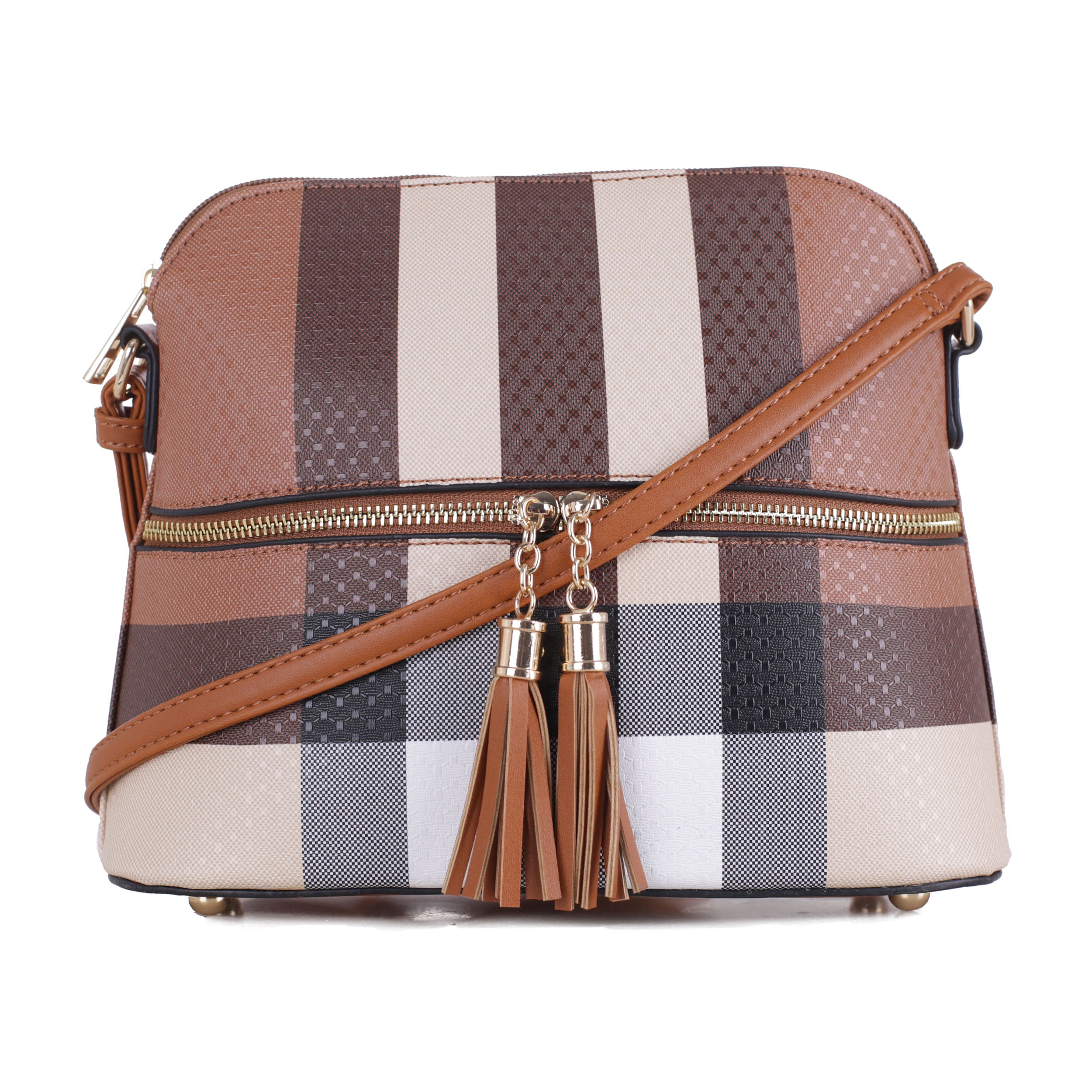 Deluxity Plaid Pattern Lady Dome Crossbody Bag with TasselBrown