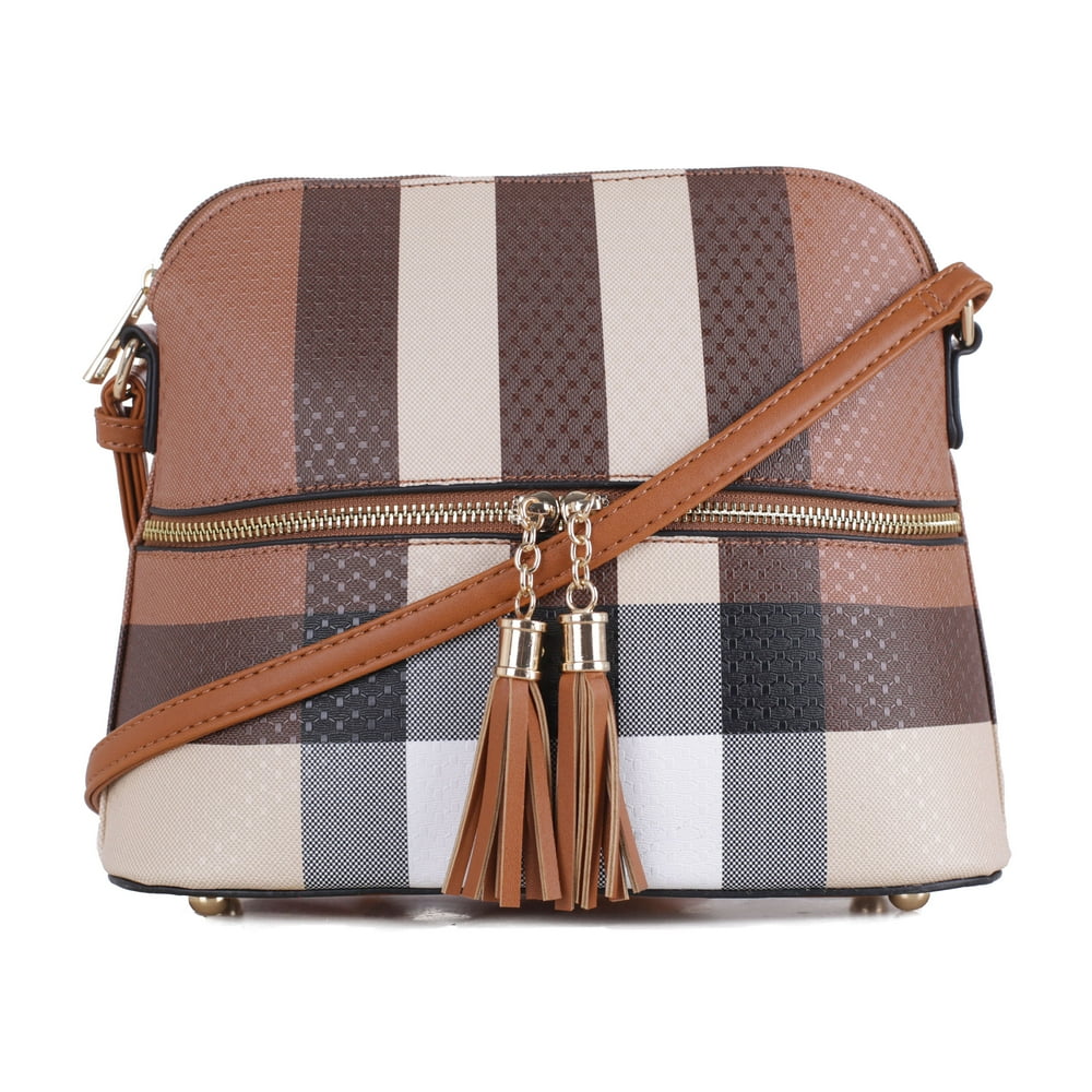 Deluxity Plaid Pattern Lady Dome Crossbody Bag with TasselBrown