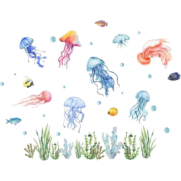 2Sheets Jellyfish Wall Stickers Peel and Stick Wall Decals Removable Waterproof Wall Sticker for Bathroom Bedroom Nursery Living Room Wall Art Decorations Seaweed Wall Decal