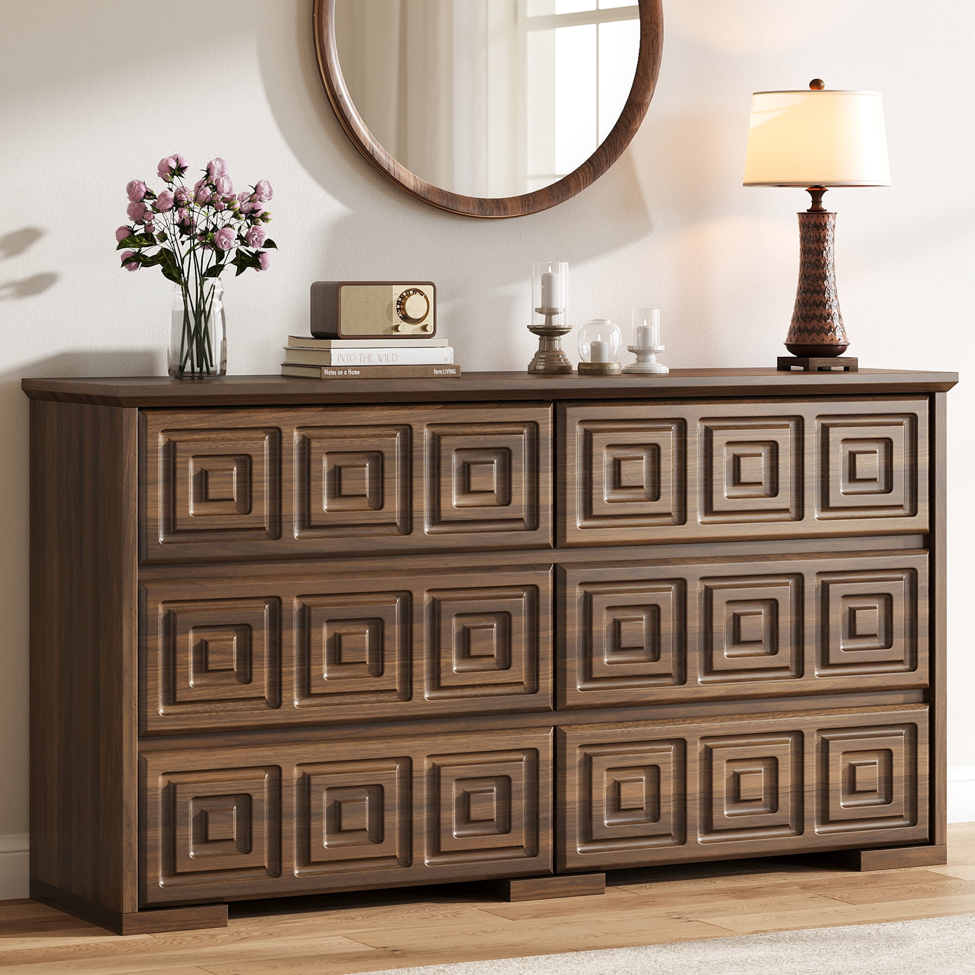 Aufeile Farmhouse Dresser for Bedroom, 54" Wide 6 Drawer Dresser with Carved Panels, Rustic Wooden Chest of Drawers, Long Bedroom Dresser Storage Cabinet for Living Room, Walnut