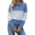 thumbnail image 1 of Women's Long Sleeve Round Neck Elbow Patched Color Block Stripe Shirt Tops, 1 of 7