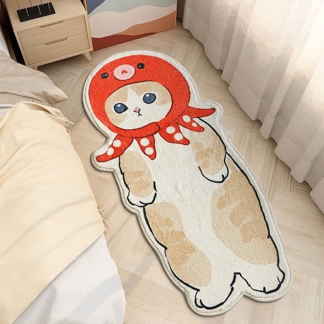 Alfombra tipo cachemira con forma de gato, manta para la mesita de noche, alfombra para el suelo del dormitorio, lavable a máquina, bonita alfombra de dibujos animados para ventana salediza, alfombra