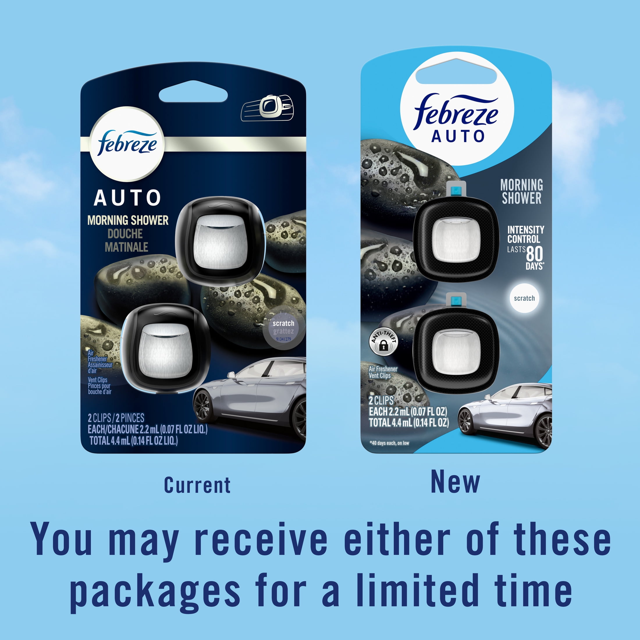 Febreze AUTO Car Air Freshener, Odor-Fighting Car Vent Clip, Morning Shower, 2 Count