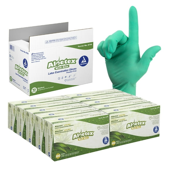 Dynarex Aloetex Latex Aloe Disposable Exam Gloves, Powder Free, Aloe Vera Gloves for Dry Hands, Green, Medium, 1 Case of 1000 Gloves (10 Boxes of 100)