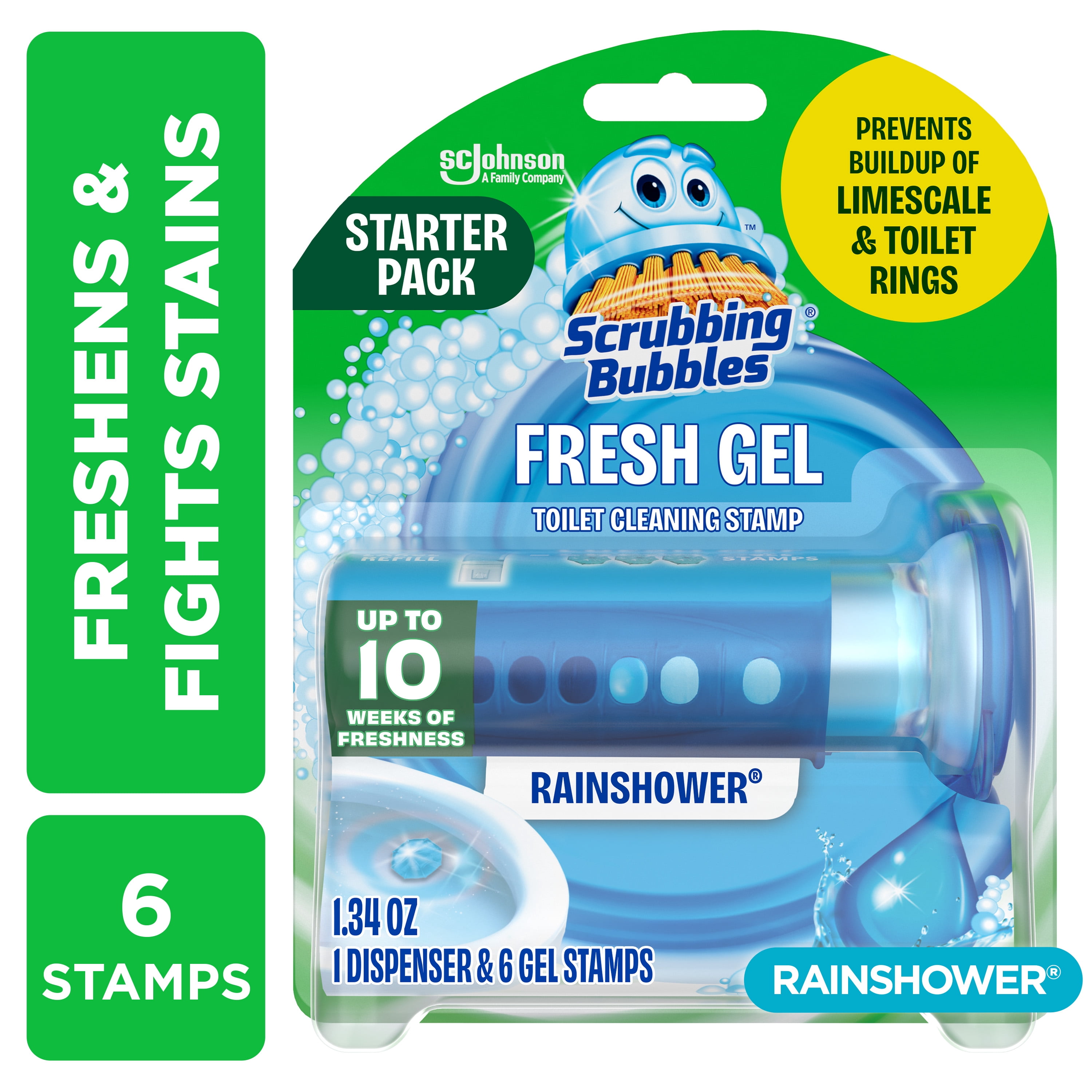 (2 pack) Scrubbing Bubbles Automatic Toilet Bowl Cleaner, Fresh Gel Cleaning Stamp, Rainshower, Dispenser & 6 Gel Stamps