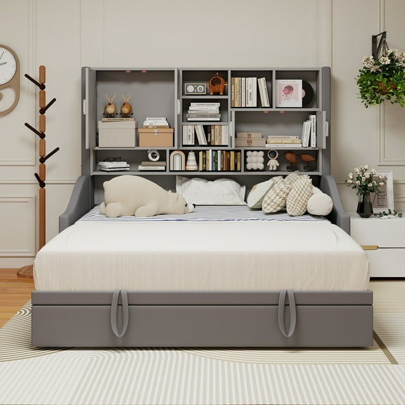 Twin Size Upholstered Daybed with LED Armrest Lights, Storage Shelves & Cabinets, Pull-Out Lift-Up Twin Trundle(Gray)
