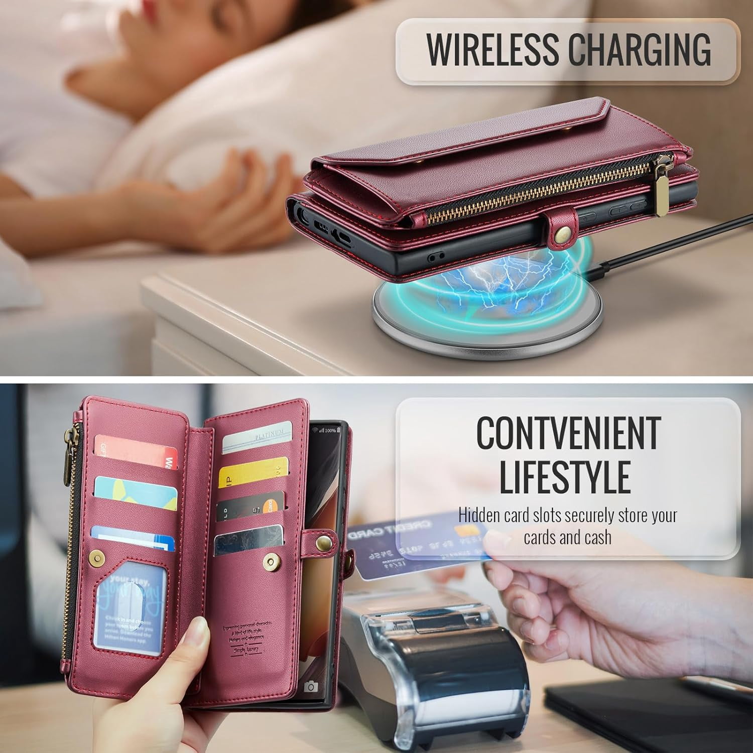 Phone Case for Samsung Galaxy Note 20 Ultra 5G Zipper Wallet Cover with Screen Protector and Flip RFID Blocking Card Holder Cell Note20 Plus Notes 20Ultra Note20+ U + 20+ Twenty Not S20 Women Wine Red