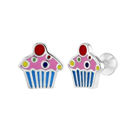 925 Sterling Silver Enamel Colorful Little Cupcake Screw Back Earrings for Girls